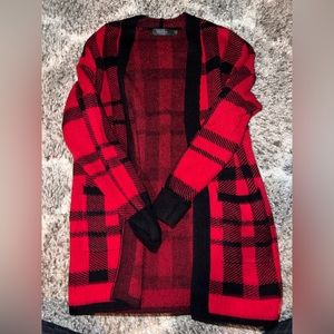 red and black cardigan